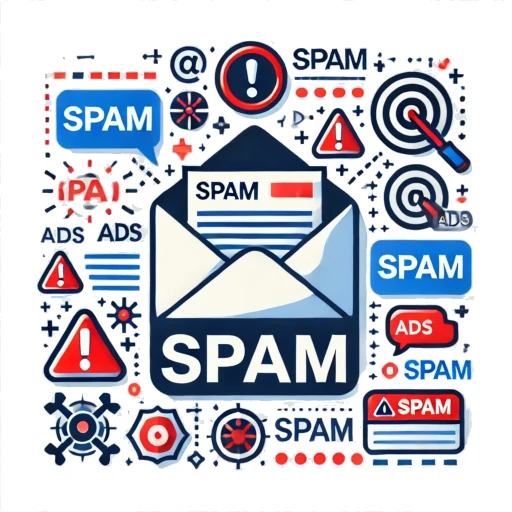 SPAM infographic - A central email envelope icon with the words SPAM undernieth surrounded by smaller envelopes and warning symbols.